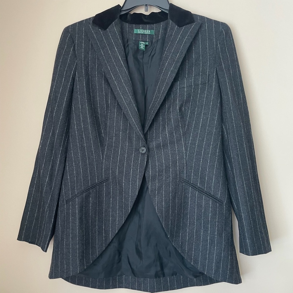 Ralph Lauren Blazer Pinstripe Velvet Collar 100%Lambwool One Button DarkAcademia - Picture 8 of 16